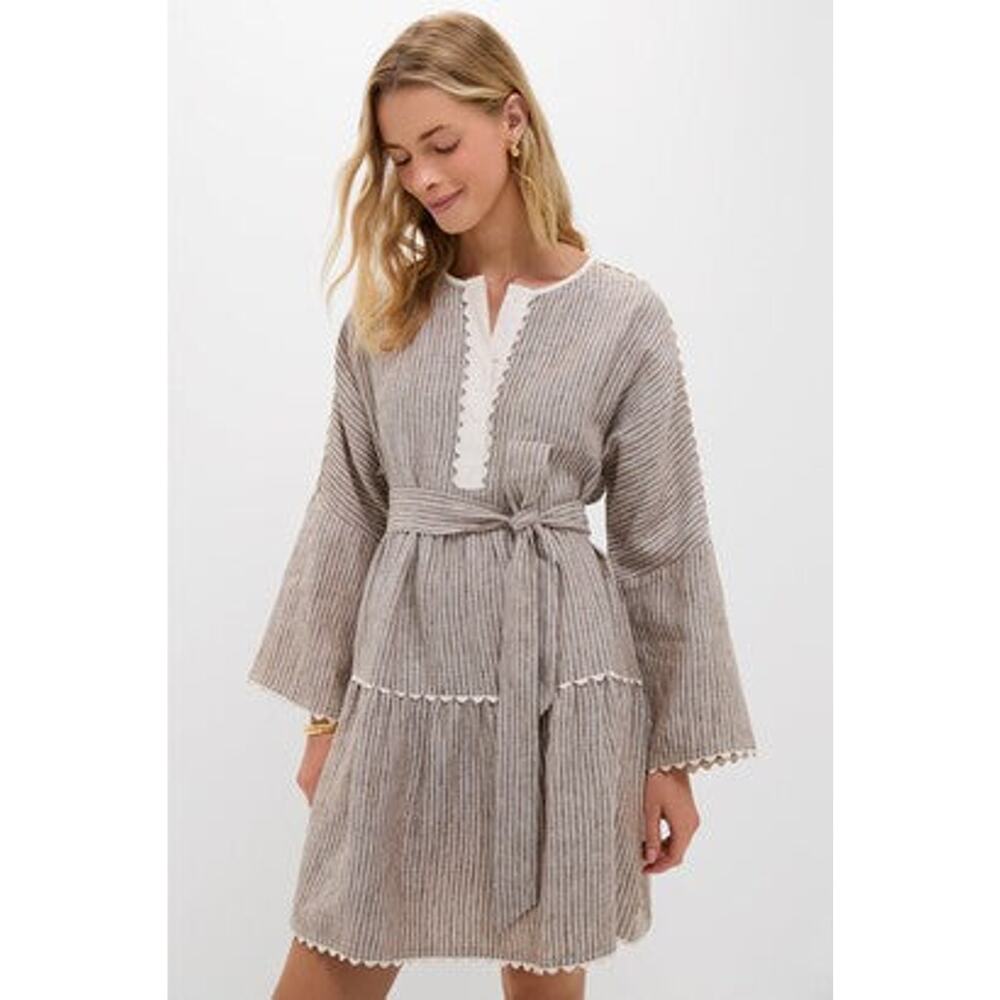 NWT Tuckernuck Tobi Linen Stripe Bell Sleeve Tiered Mini Dress Brown Women's L